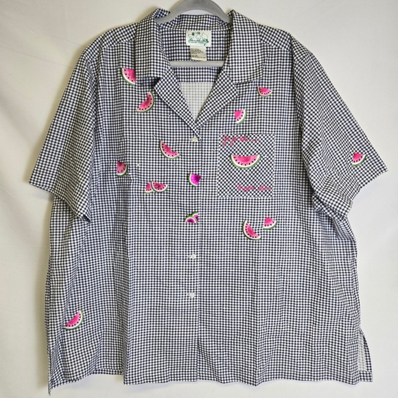 Vtg Quacker Factory Gingham Watermelon Themed Short Sleeve Button Down Shirt, 3X - Picture 2 of 13